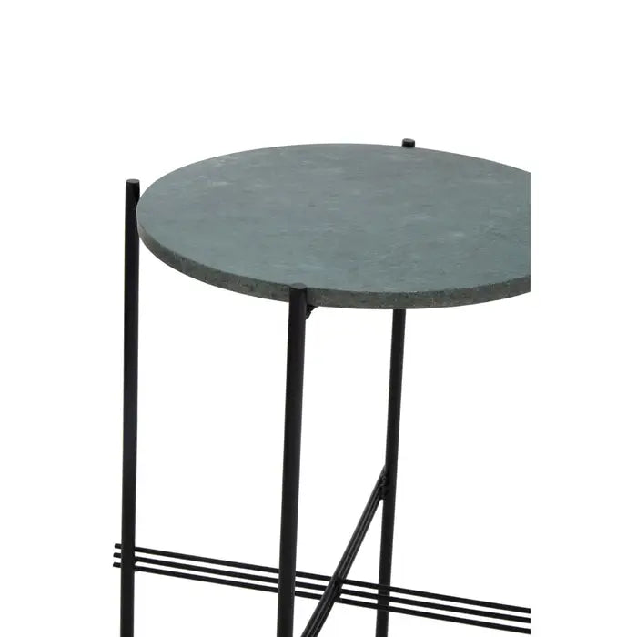 Mandoli Side Table, Black Metal Frame, Green Round Marble Top
