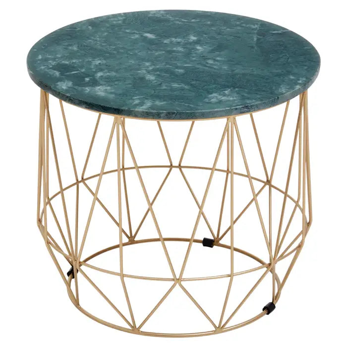 Mandoli Side Table, Gold Metal Frame, Green Marble Top