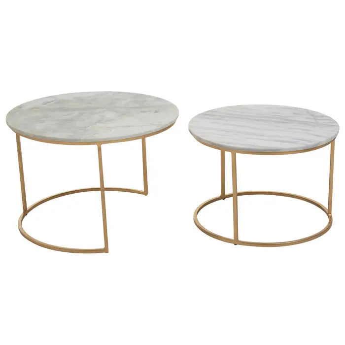Mandoli Nest Coffee Tables, Gold Metal Frame, White Round Marble Top, Set Of 2