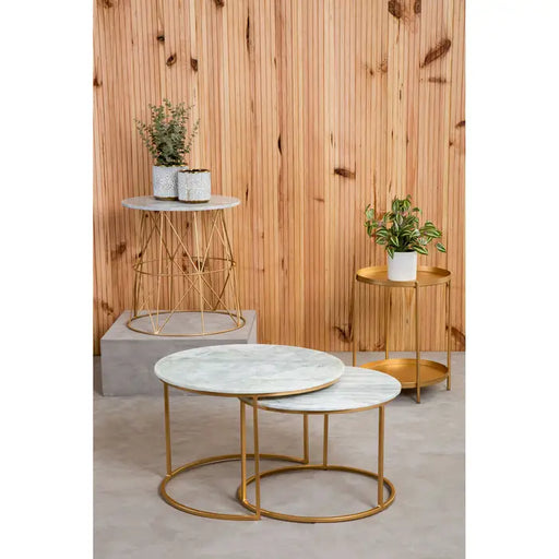 Mandoli Nest Coffee Tables, Gold Metal Frame, White Round Marble Top, Set Of 2