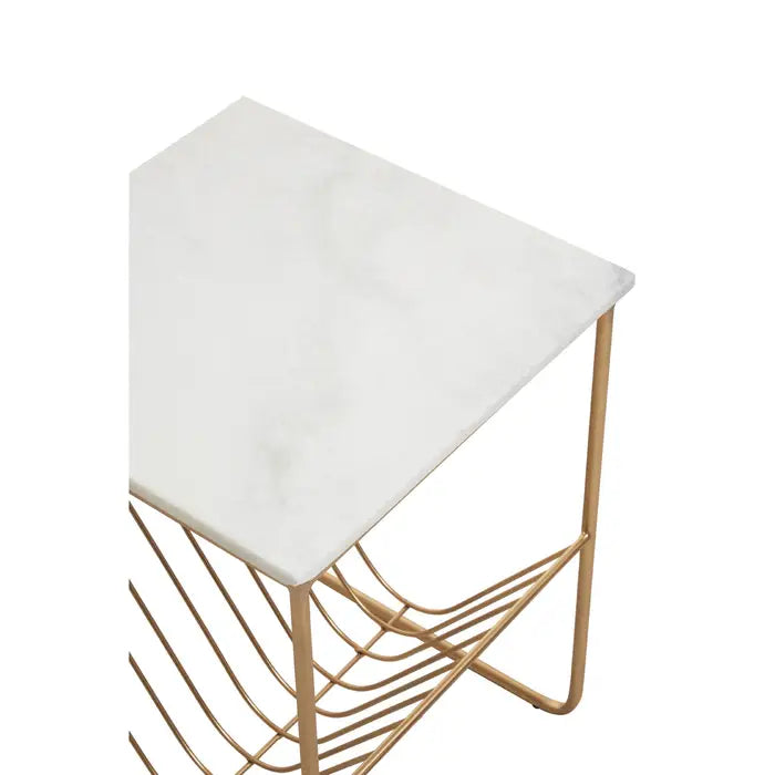 Mandoli  Side Table, Gold Metal Frame Rack, White Marble Top