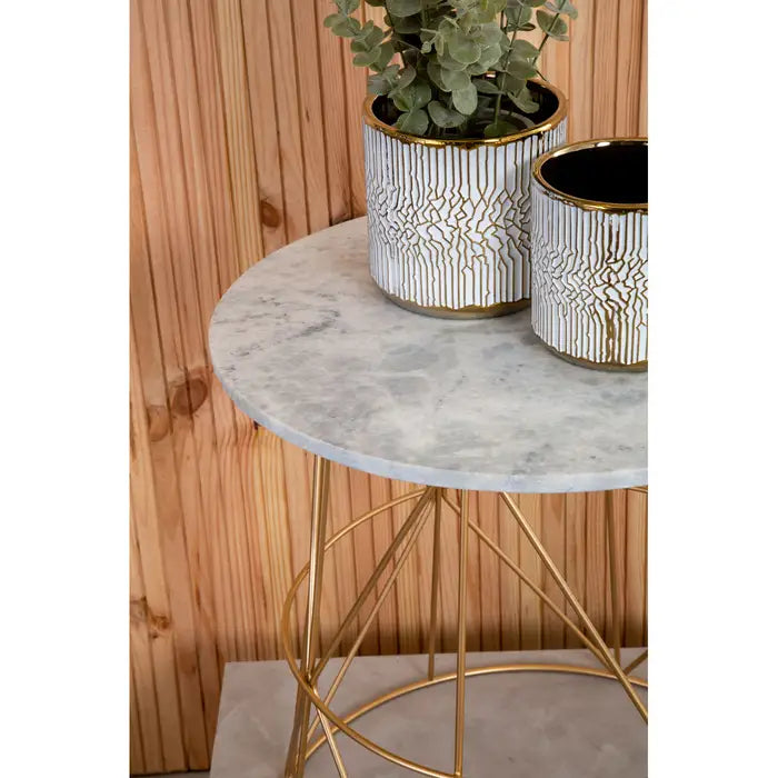 Mandoli Side Table, Gold Metal Frame, White Marble Top