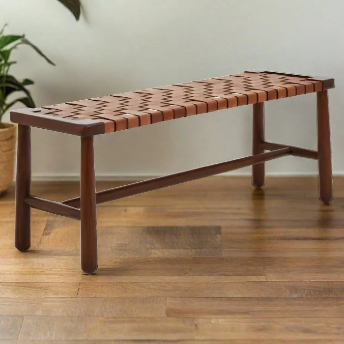 Metro Indoor Bench, Brown Strapped Leather Seat, Brown Teak Frame