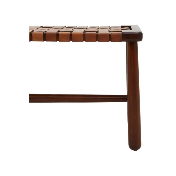 Metro Indoor Bench, Brown Strapped Leather Seat, Brown Teak Frame