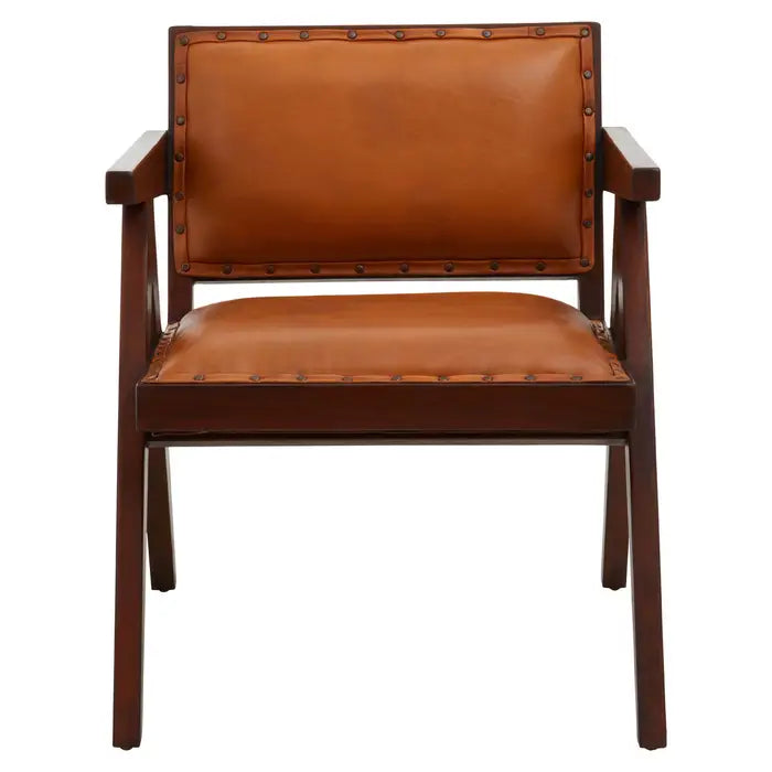 Inca Angular Accent Chair, Tan Leather, Dark Wood Frame - Small
