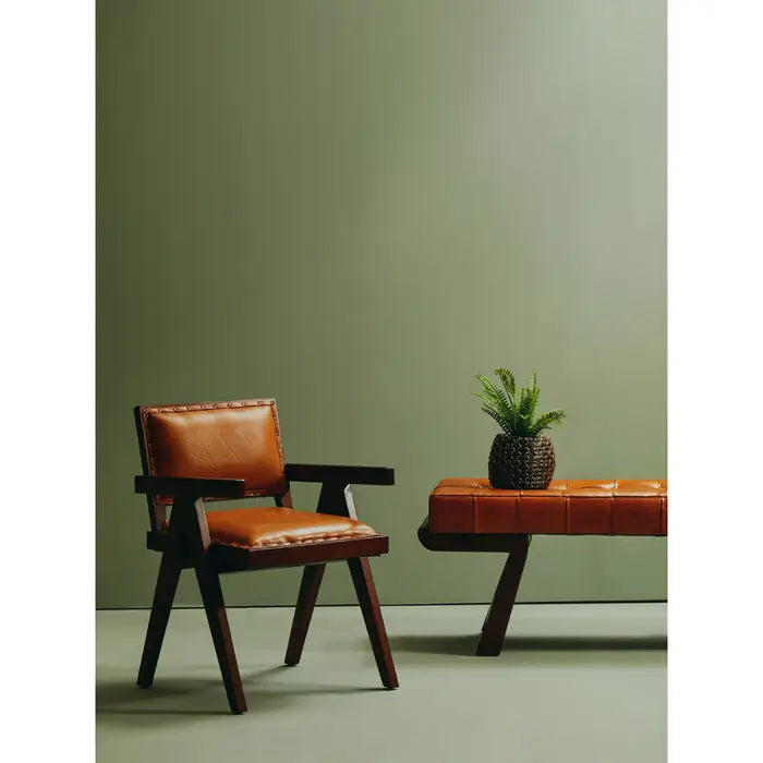 Inca Angular Accent Chair, Tan Leather, Dark Wood Frame - Small