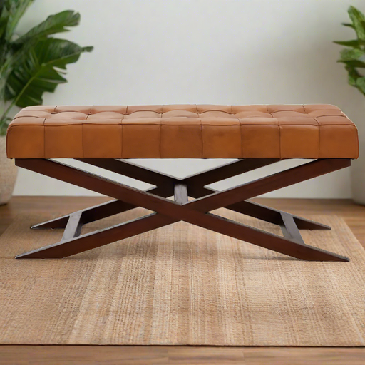 Metro Indoor Bench, Button Tufted Tan Leather, Brown Cedarwood Cross Frame