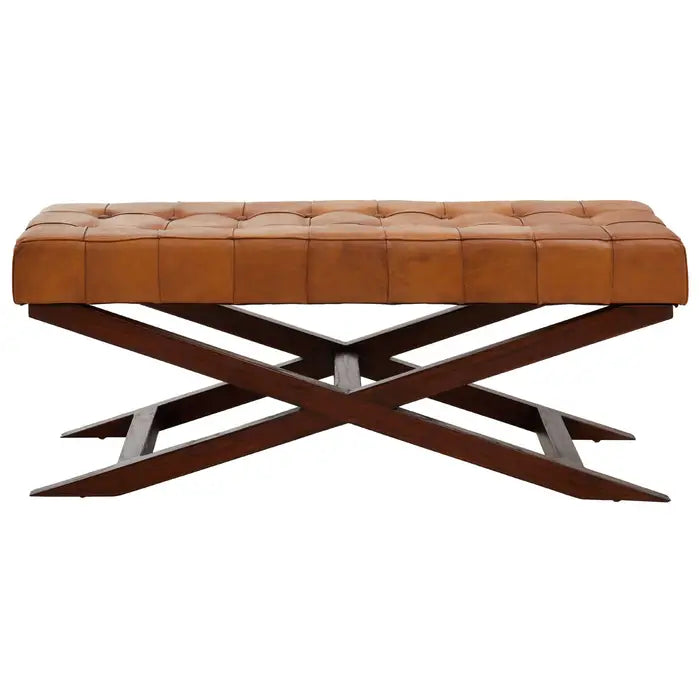 Metro Indoor Bench, Button Tufted Tan Leather, Brown Cedarwood Cross Frame