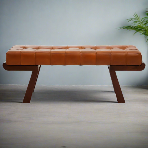 Metro Indoor Bench, Tan Button Tufted Leather, Brown Cedarwood Frame
