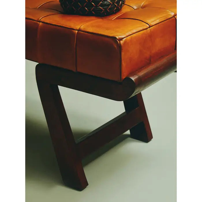 Metro Indoor Bench, Tan Button Tufted Leather, Brown Cedarwood Frame
