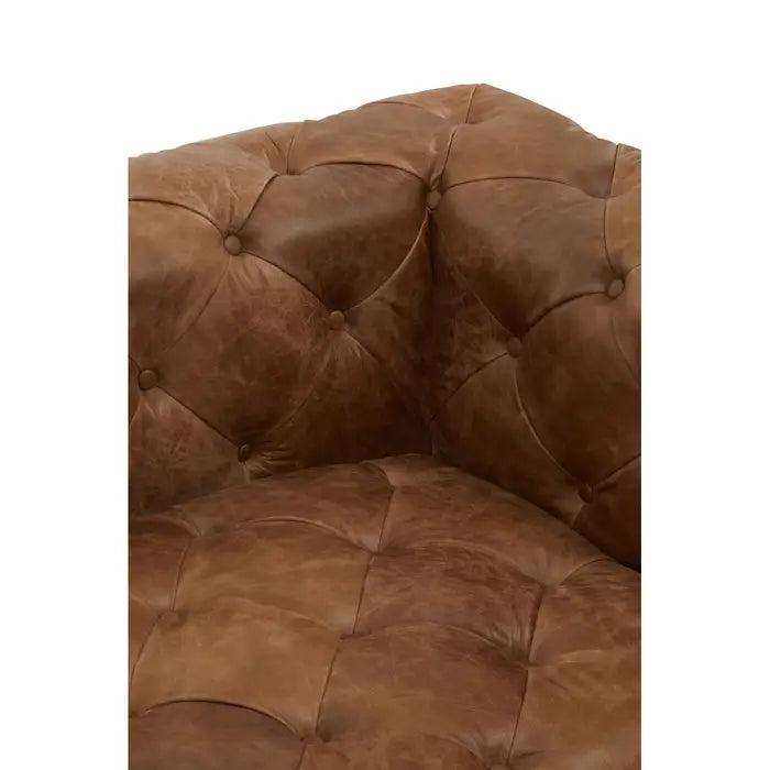 Hoxton Three Seater Sofa, Brown Tufted Leather, Low Back, Foam Padded
