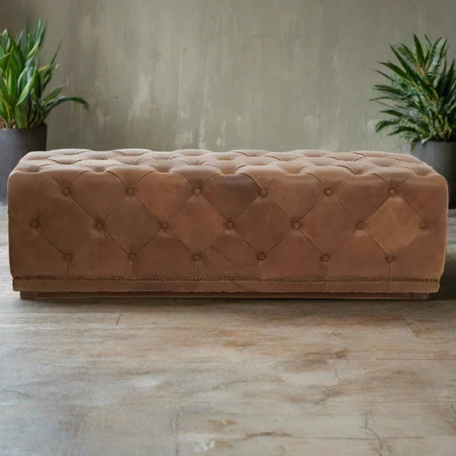 Hoxton Indoor Bench, Tan Button Tufted Leather 