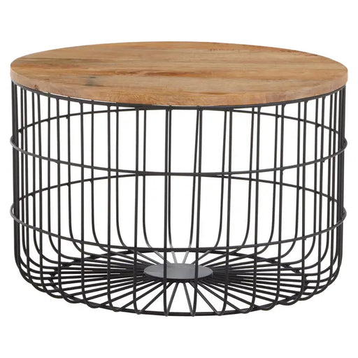 Pali Side Table, Black Aluminium Caged Base, Wooden Round Top