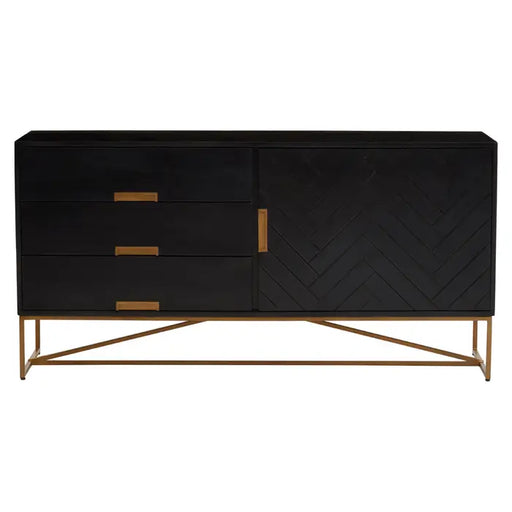 Kochi Black Wooden Sideboard, Gold Iron Legs, 3 Drawer,  Shelved Storage