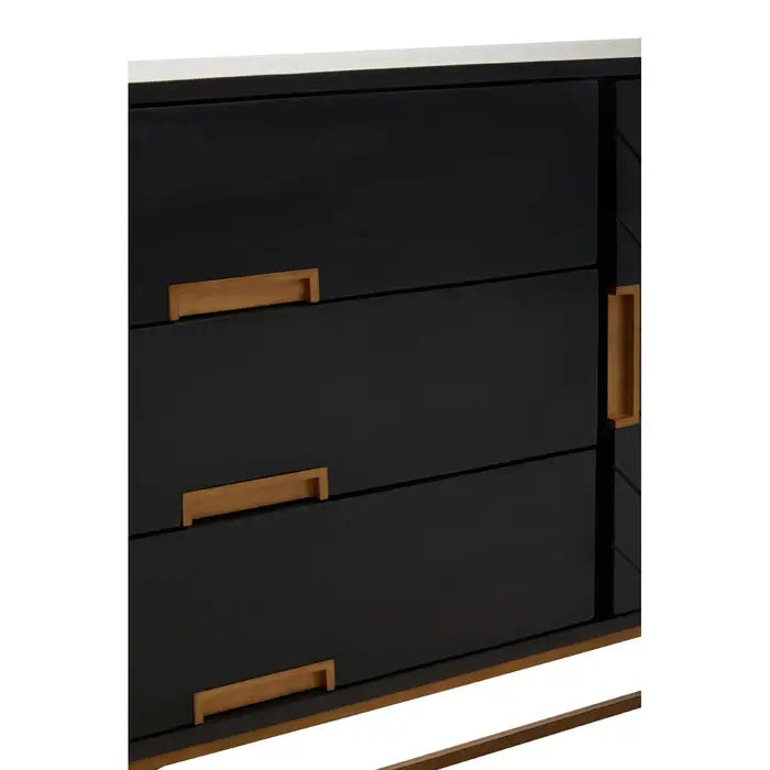 Kochi Black Wooden Sideboard, Gold Iron Legs, 3 Drawer,  Shelved Storage