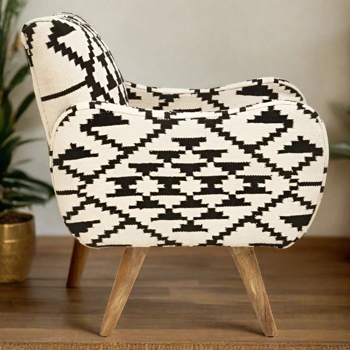 Carrow Armchair / Accent Chair, Black, White Berber Style, Natural Wood Legs
