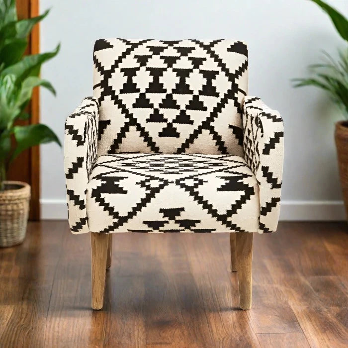 Carrow Armchair / Accent Chair, Black, White Berber Style, Natural Wood Legs