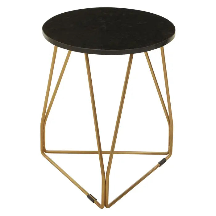 Corra Side Table, Gleaming Gold Finish, Angular Legs, Round Black Marble Top