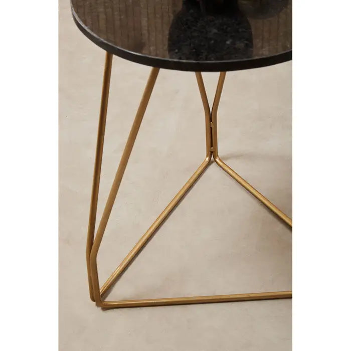 Corra Side Table, Gleaming Gold Finish, Angular Legs, Round Black Marble Top
