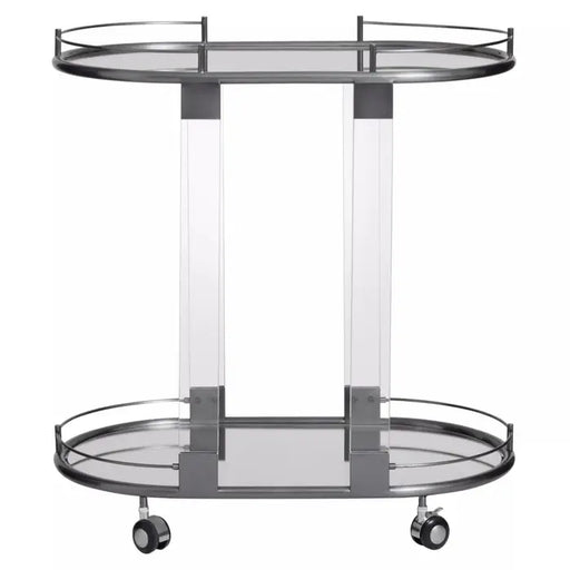 Oria Mirrored Trolley, Cool Metallic Frame, Glass Shelve, Lockable Wheel