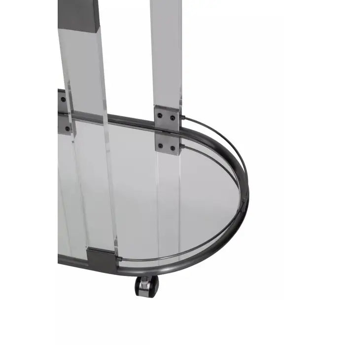 Oria Mirrored Trolley, Cool Metallic Frame, Glass Shelve, Lockable Wheel