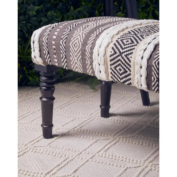 Agadir Indoor Moracaan Bench, Grey & White Fabric, Black Wood Legs