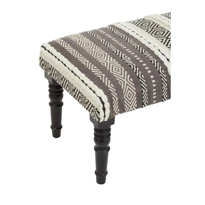 Agadir Indoor Moracaan Bench, Grey & White Fabric, Black Wood Legs
