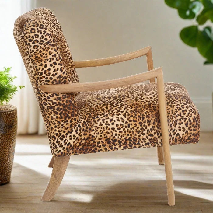 Cefena Lounge Armchair, Leopard Print Velvet, Natural Mango Wood Frame