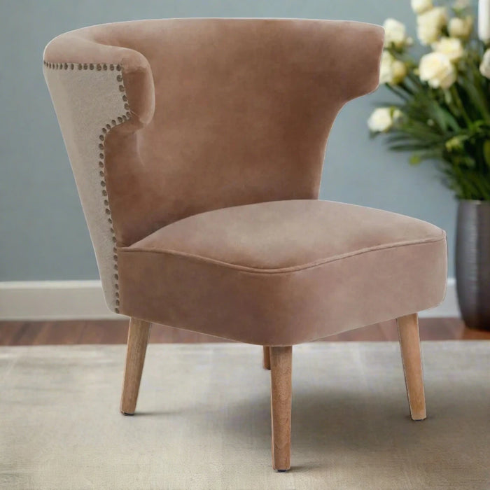 Cefena Accent Chair, Beige Velvet, Natural Wood Legs
