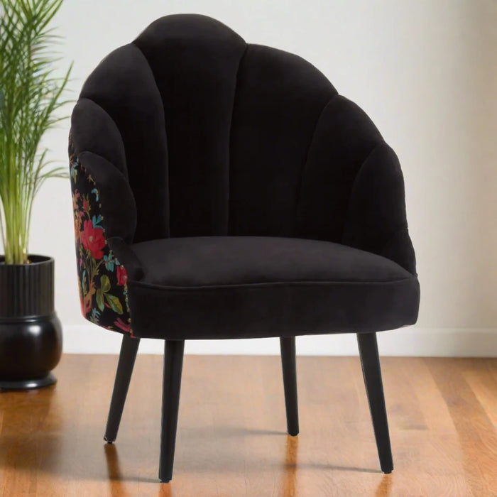 Moorcroft Accent Chair, Black Velvet, Peacock Design Fabric, Black Wood Legs