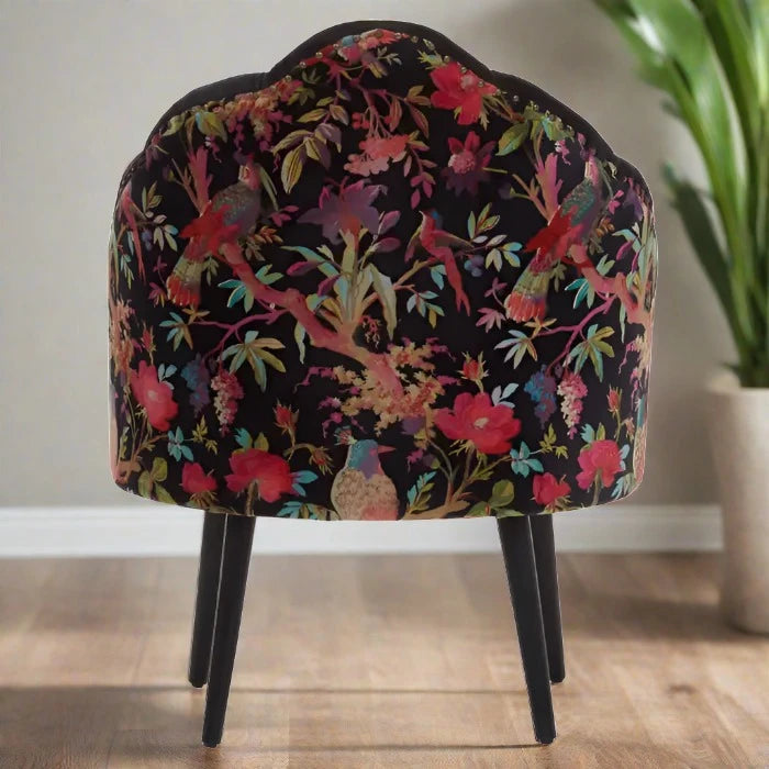 Moorcroft Accent Chair, Black Velvet, Peacock Design Fabric, Black Wood Legs