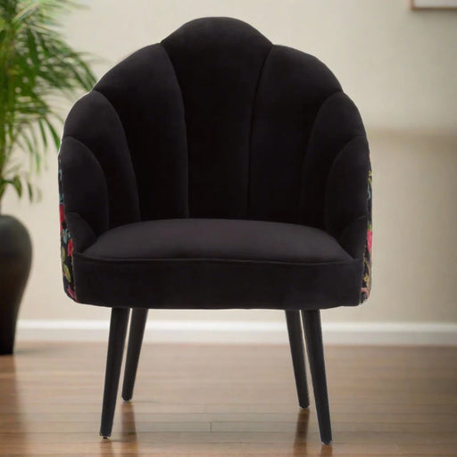 Cefena Accent Chair, Black Velvet, Peacock Design Fabric, Black Wood Legs