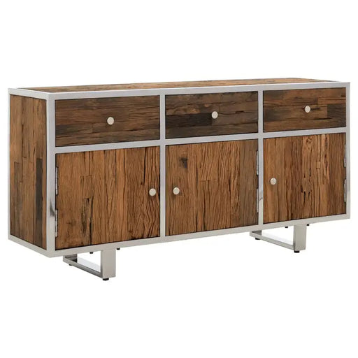 Kerala Natural Wood Sideboard, 3 Drawer, 3 Cabinets, Glass Top