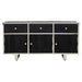 Kerala Black Sideboard, Silver Stainless Steel Legs, 3 Drawer, 3 Cabinets, Glass Top