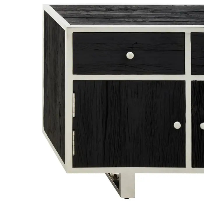 Kerala Black Sideboard, Silver Stainless Steel Legs, 3 Drawer, 3 Cabinets, Glass Top