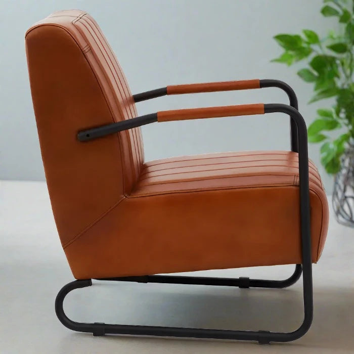 Buffalo Armchair / Accent Chair, Brown Leather, Black Metal Frame