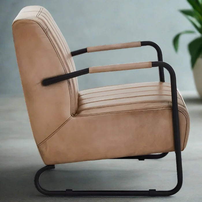 Buffalo Armchair / Accent Chair, Grey/Tan Leather, Black Metal Frame