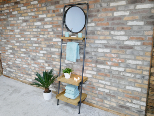Industrial Rectangular Floor Shelf, Mirror, Black Metal Frame, Wooden Top Shelf Natural