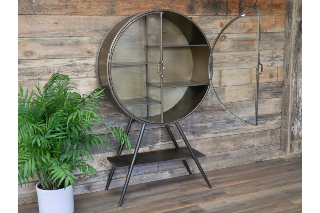Rustic Round Floor Shelf, Metal Frame Display Cabinet, Grey, 2 Glass Door 