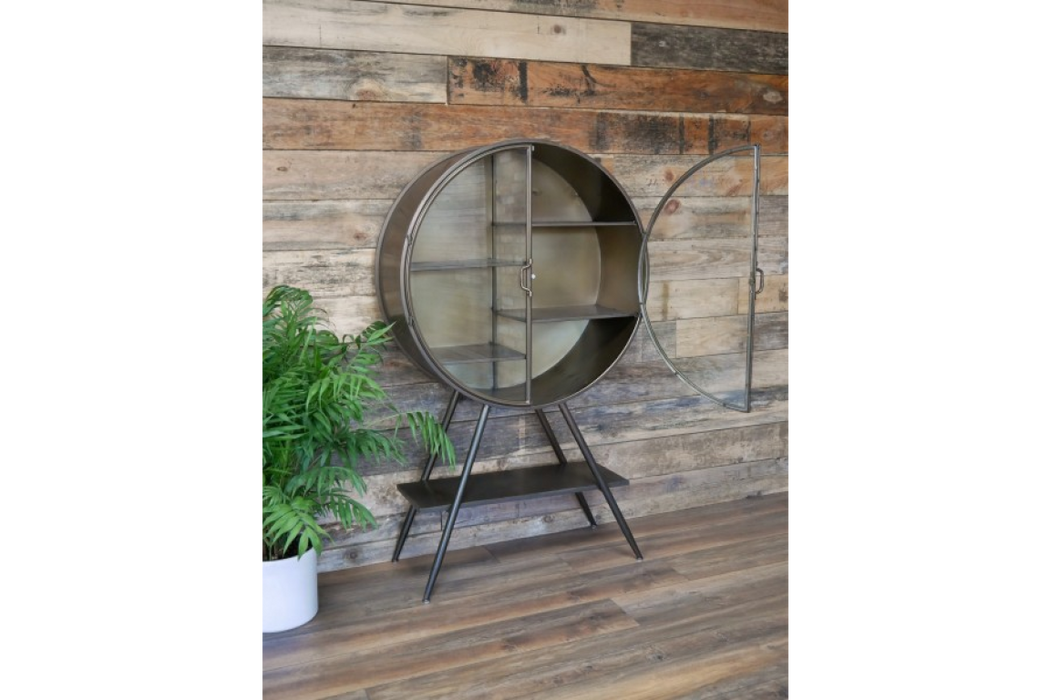 Rustic Round Floor Shelf, Metal Frame Display Cabinet, Grey, 2 Glass Door