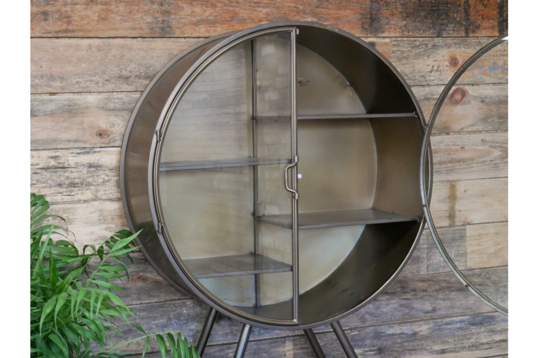 Rustic Round Floor Shelf, Metal Frame Display Cabinet, Grey, 2 Glass Door