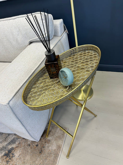 Oval Side Table, Gold Ornate, Metal Frame, Oval Top, 68 x 64 cm
