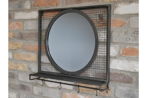 Metal Wall Mirror, Rectangular Frame, Black, Shelf
