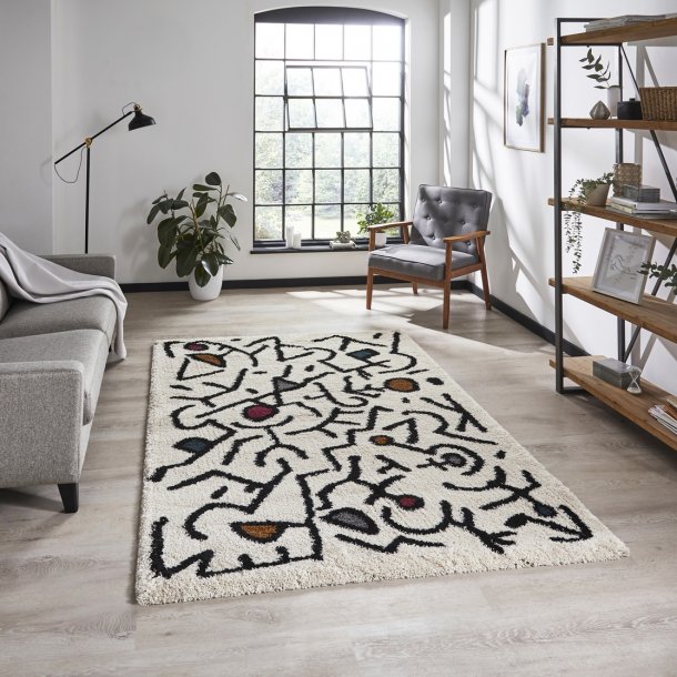 Cream & Black Living Room Rug With Aztec Design