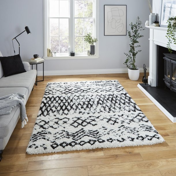Bohemian Scandi White & Black Living Room Rug