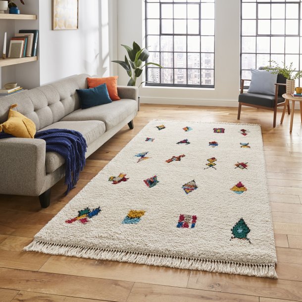 Living Room Rug In Cream & Multi-Coloured Boho Design