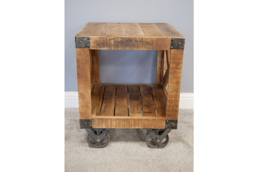 Rustic Distressed Side Table, Wooden, Black Metal Wheels, 60 x 50 cm