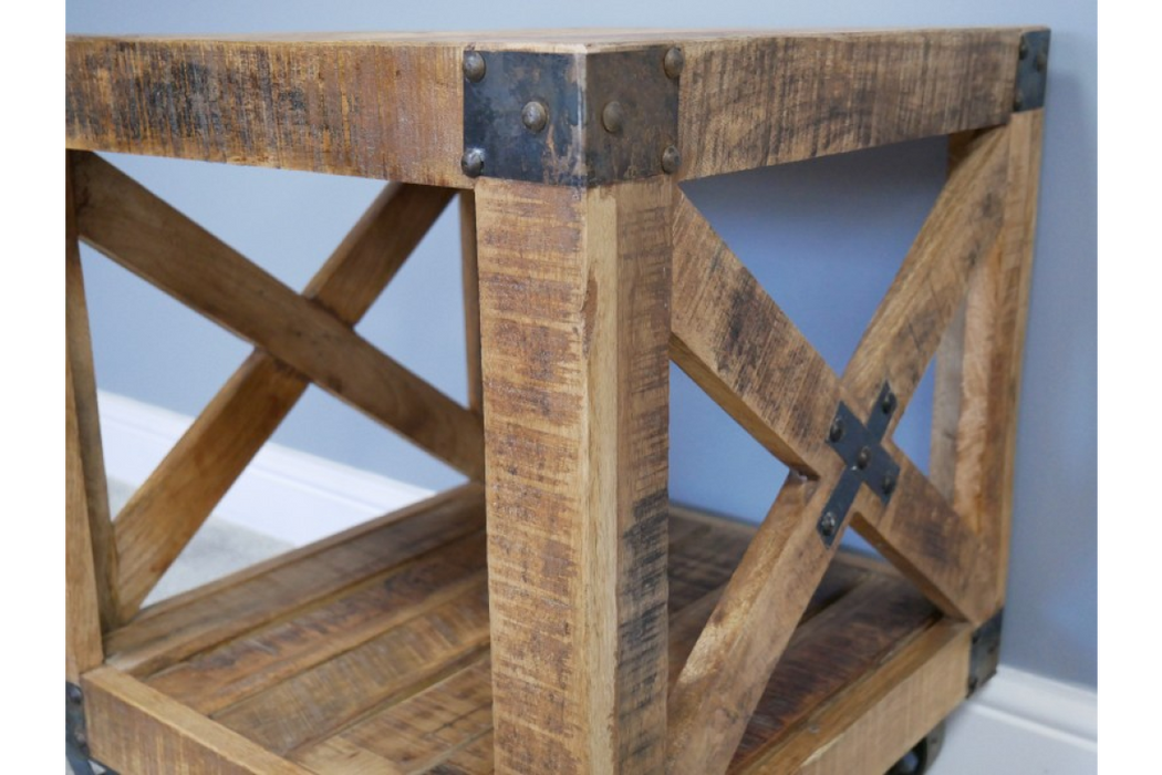 Rustic Distressed Side Table, Wooden, Black Metal Wheels, 60 x 50 cm