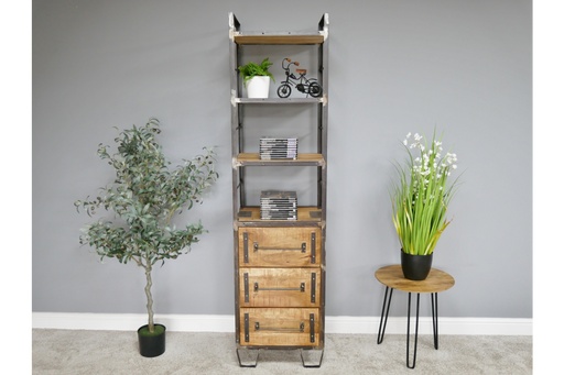 Rectangular Floor Shelf, Industrial Bookcase, Metal Frame, 3 Tier Wooden Shelves, 3 Drawers 
