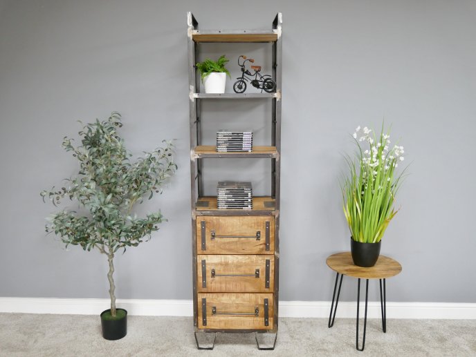 Rectangular Floor Shelf, Industrial Bookcase, Metal Frame, 3 Tier Wooden Shelves, 3 Drawers